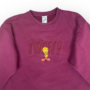 Tweety Bird Looney Tunes VTG Sweatshirt‎ Large Burgundy Embroidered Warner Bros